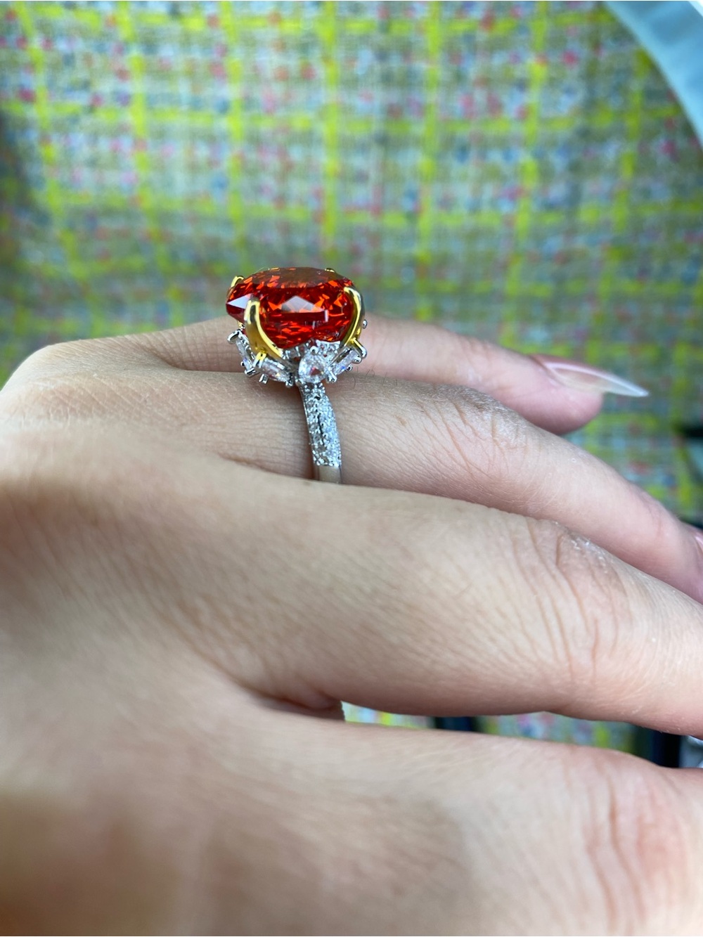 A great Rose cute diamond Elegant Orange Cushion Halo Ring open size 5-13